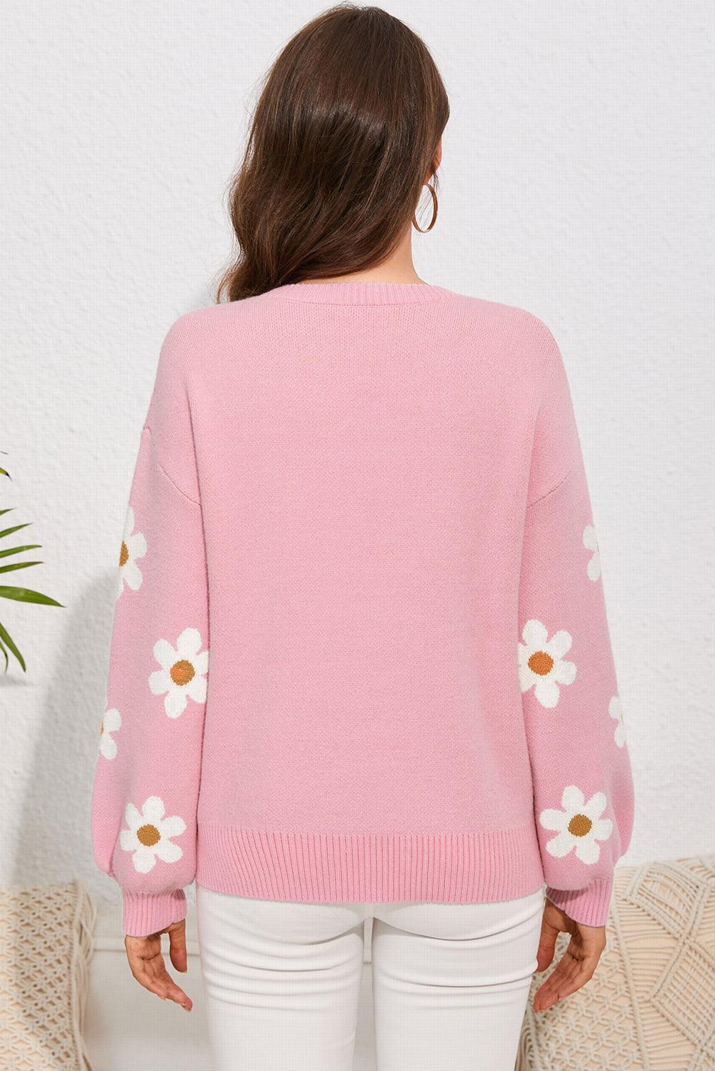 Pink Floral Pattern Drop Shoulder Sweater - L & M Kee, LLC