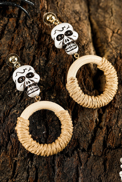 Light French Beige Halloween Skull Straw Ring Dangle Studded Earrings