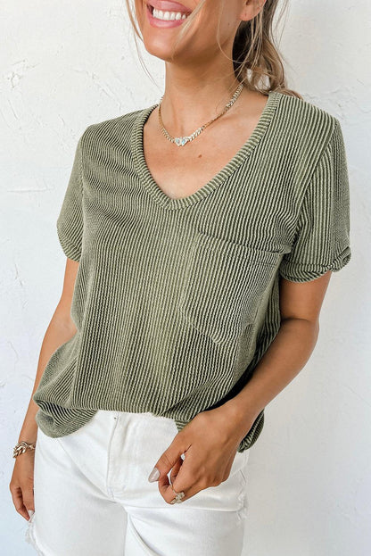 Laurel Green Twist Short Sleeve Corded V Neck Top - L & M Kee, LLC