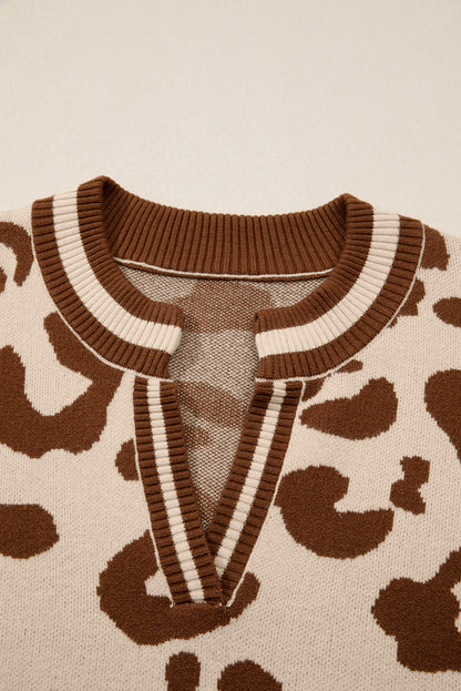 Light French Beige Leopard Printed Knit V Neck Casual Sweater