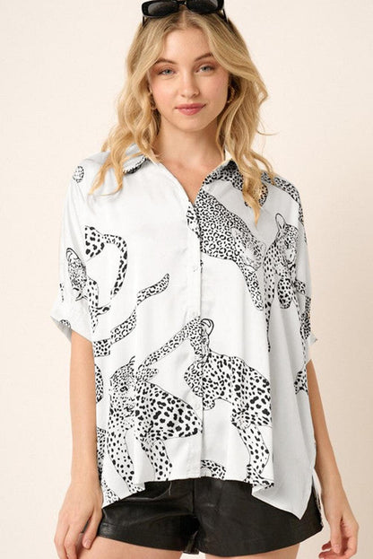 Beige Cheetah Print Buttoned Half Sleeve Shirt - L & M Kee, LLC