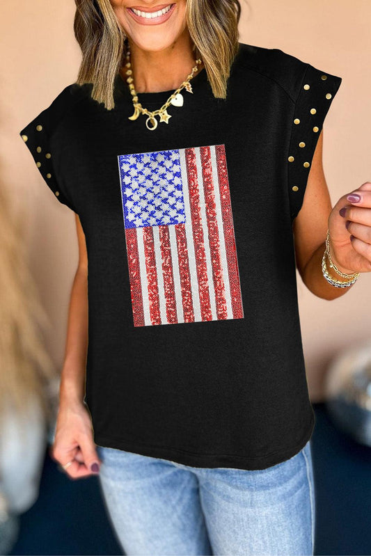 Black Sequined American Flag Graphic Studded Cap Sleeve T Shirt