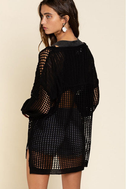 Black Fishnet Hollow-out Long Sleeve Beach Cover up - L & M Kee, LLC