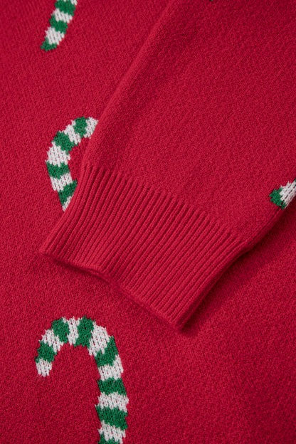 Racing Red Christmas Candy Cane Holiday Drop Shoulder Sweater