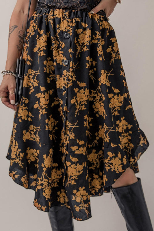 Black Printed Elastic Waist Button Decor Floral Ruffle Skirt - L & M Kee, LLC