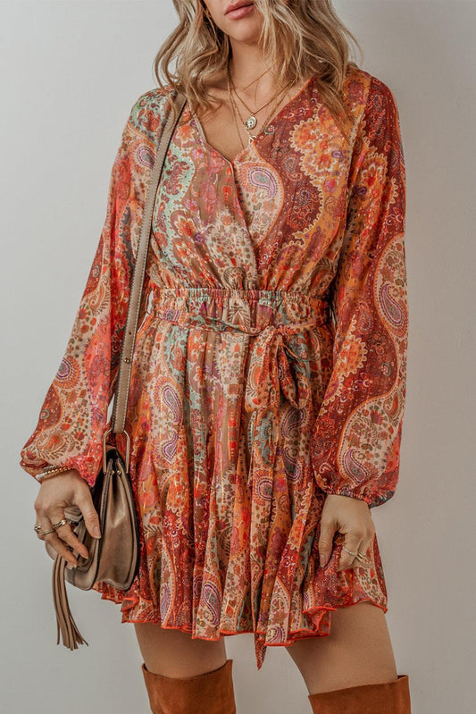 Orange Boho Paisley Print Long Sleeve Pleated Belted Mini Dress - L & M Kee, LLC