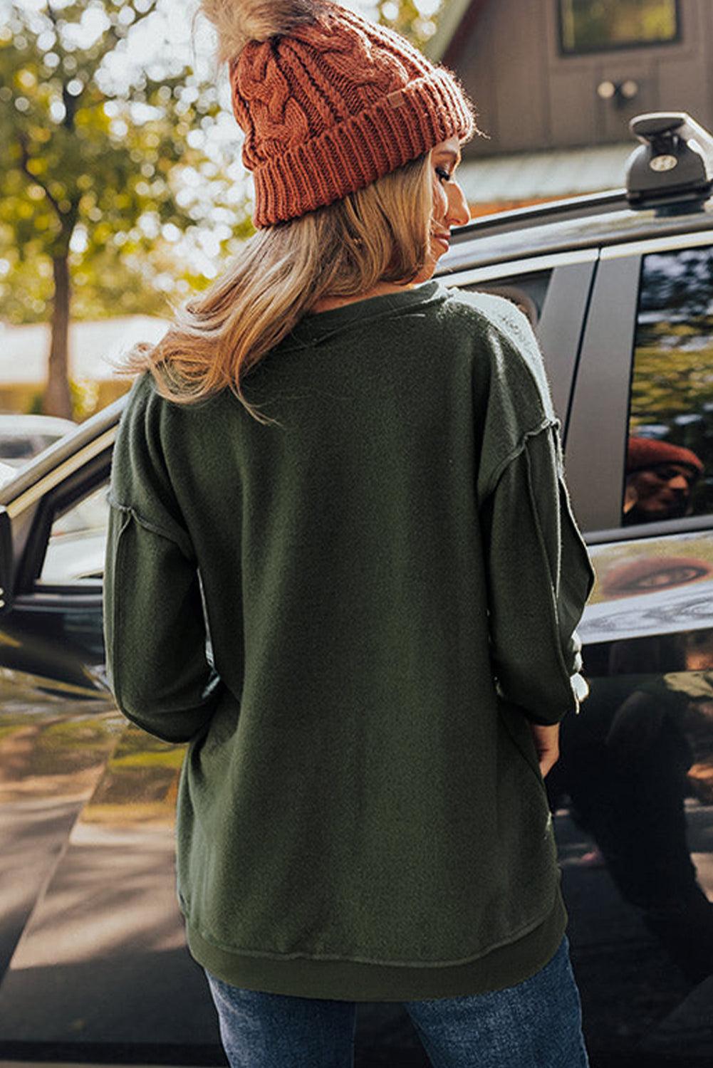 Green Expose Seam Detail Split Neck Long Sleeve Top - L & M Kee, LLC