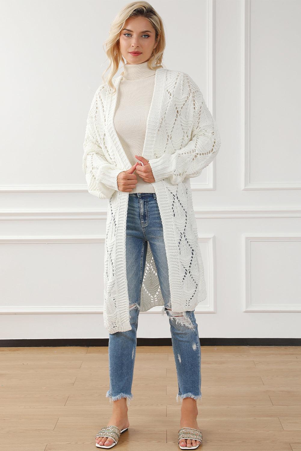 White Rhombus Hollowed Knit Open Front Cardigan - L & M Kee, LLC