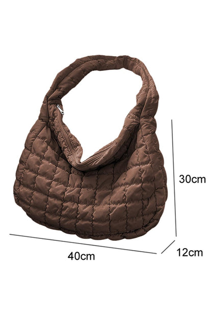 Coffee Quilted Zipper Large Shoulder Bag - L & M Kee, LLC