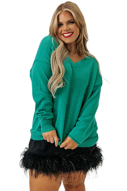 Plus Size Drop Shoulder V Neck Sweater - L & M Kee, LLC