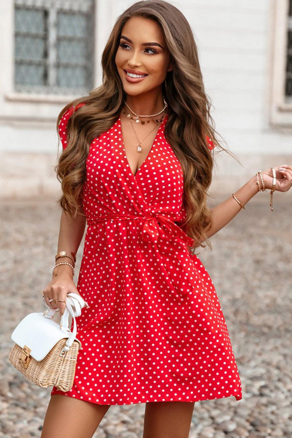 Polka Dot V Neck Ruffle Sleeve Dress - L & M Kee, LLC