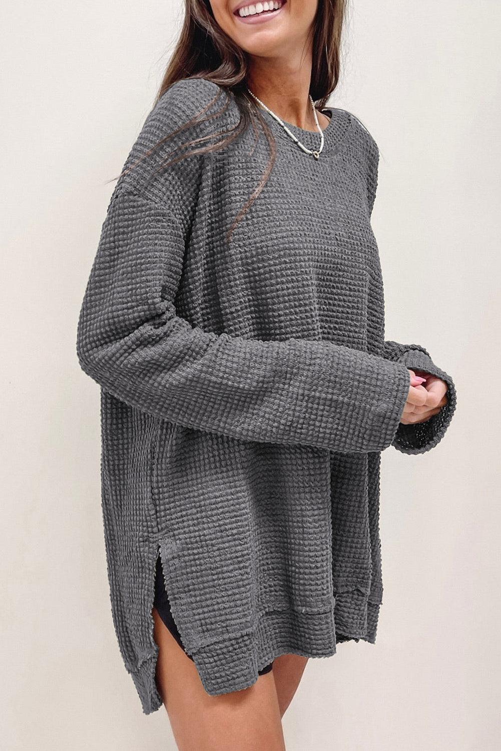 Gray Waffle Knit High Slits Oversized Top - L & M Kee, LLC