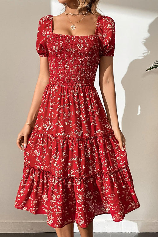 Red Boho Flower Smocked Square Neck Tiered Midi Floral Dress - L & M Kee, LLC