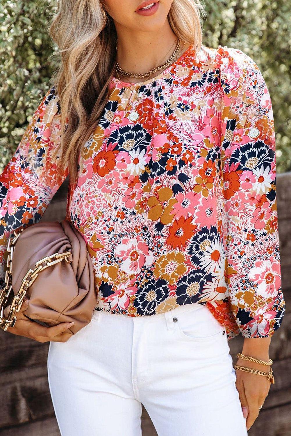 Red Floral Crewneck Long Sleeve Blouse - L & M Kee, LLC