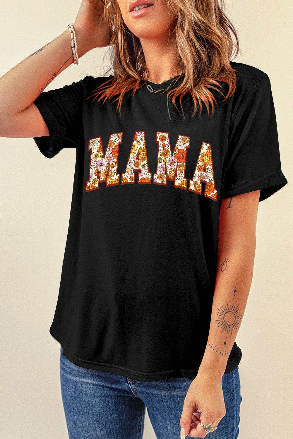 Black Flower Printed MAMA Letter Graphic T-shirt - L & M Kee, LLC