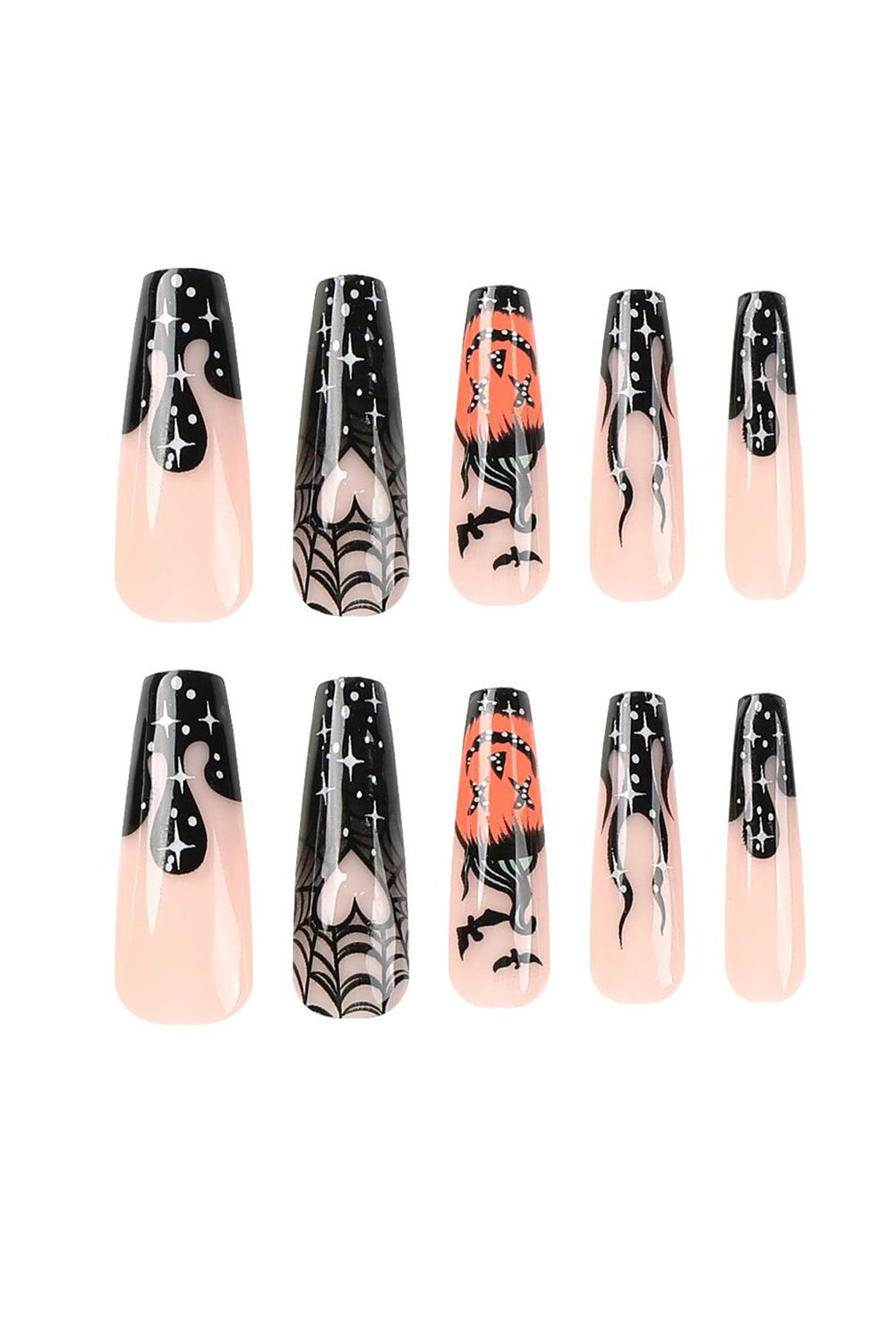 Black Halloween Pattern Long Coffin Shape False Nail Set