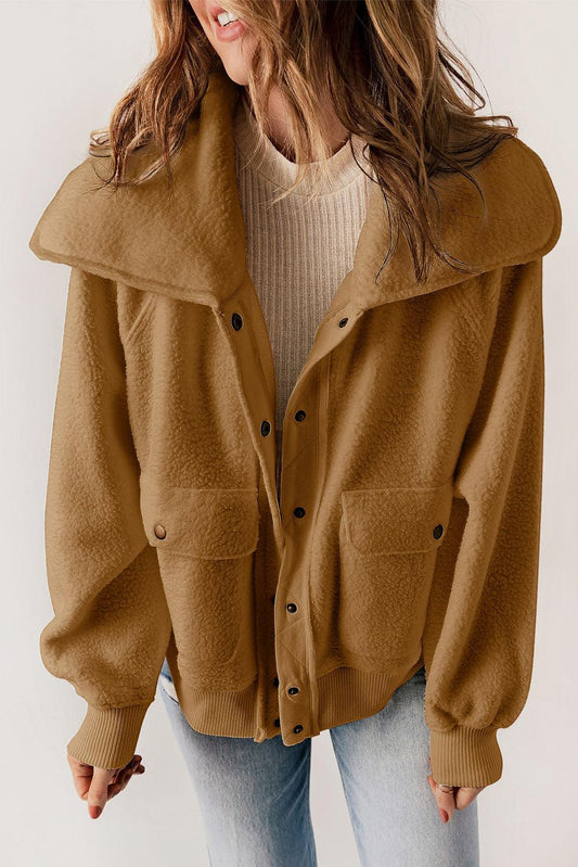 Brown Button Flap Pocket Spread Collar Fleece Jacket - L & M Kee, LLC