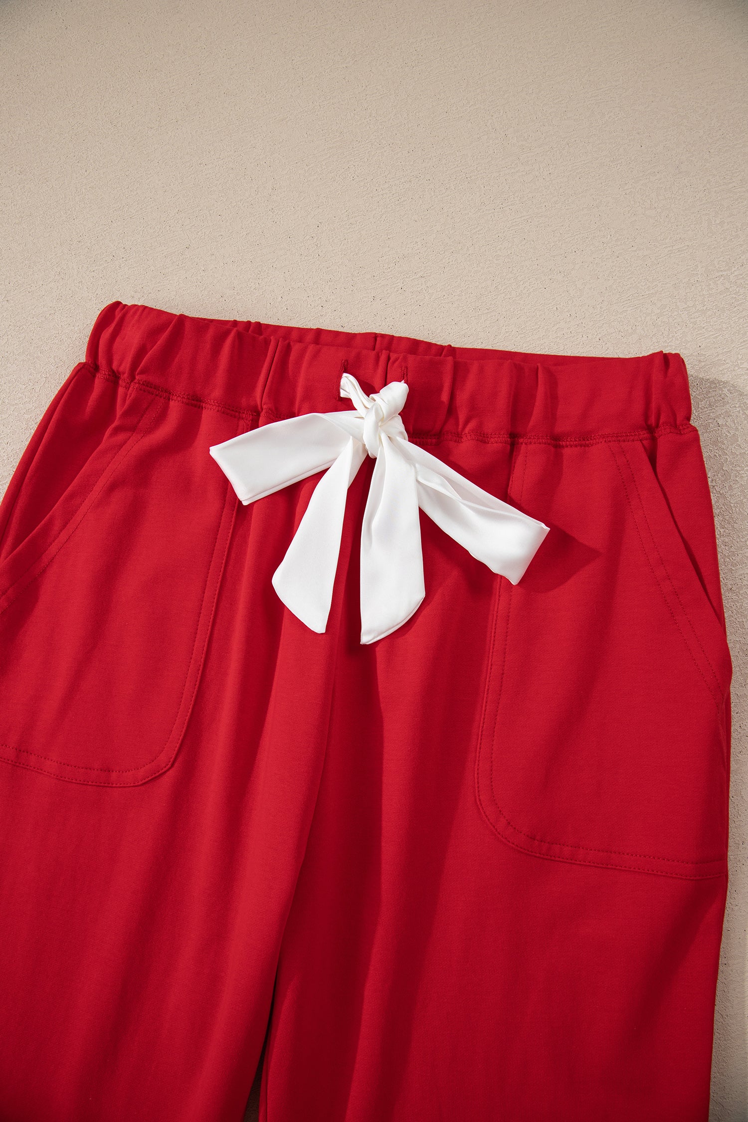 Fiery Red Contrast Trim Button V Neck Ribbon Bow Knot Waist 2pcs Lounge Pant Set