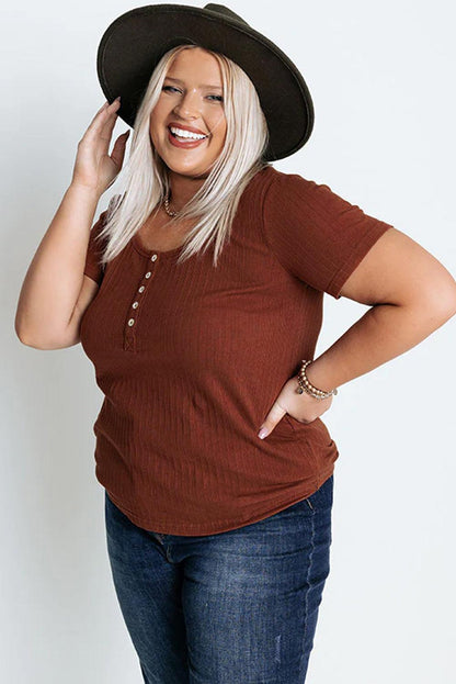 Chestnut Plus Size Ribbed Knit Henley Tee - L & M Kee, LLC