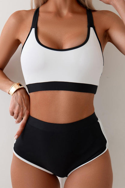 White Colorblock Crisscross Back High Waist Sporty Bikini - L & M Kee, LLC