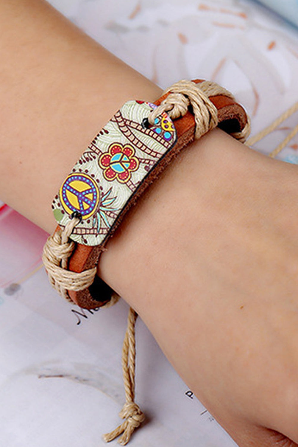 Cinnamon Vintage Boho Floral Printed Braided Rope Leather Bracelet