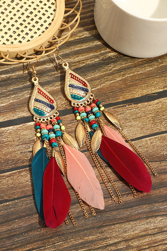 Red Bohemian Feathered Beaded Tassel Hook Earrings