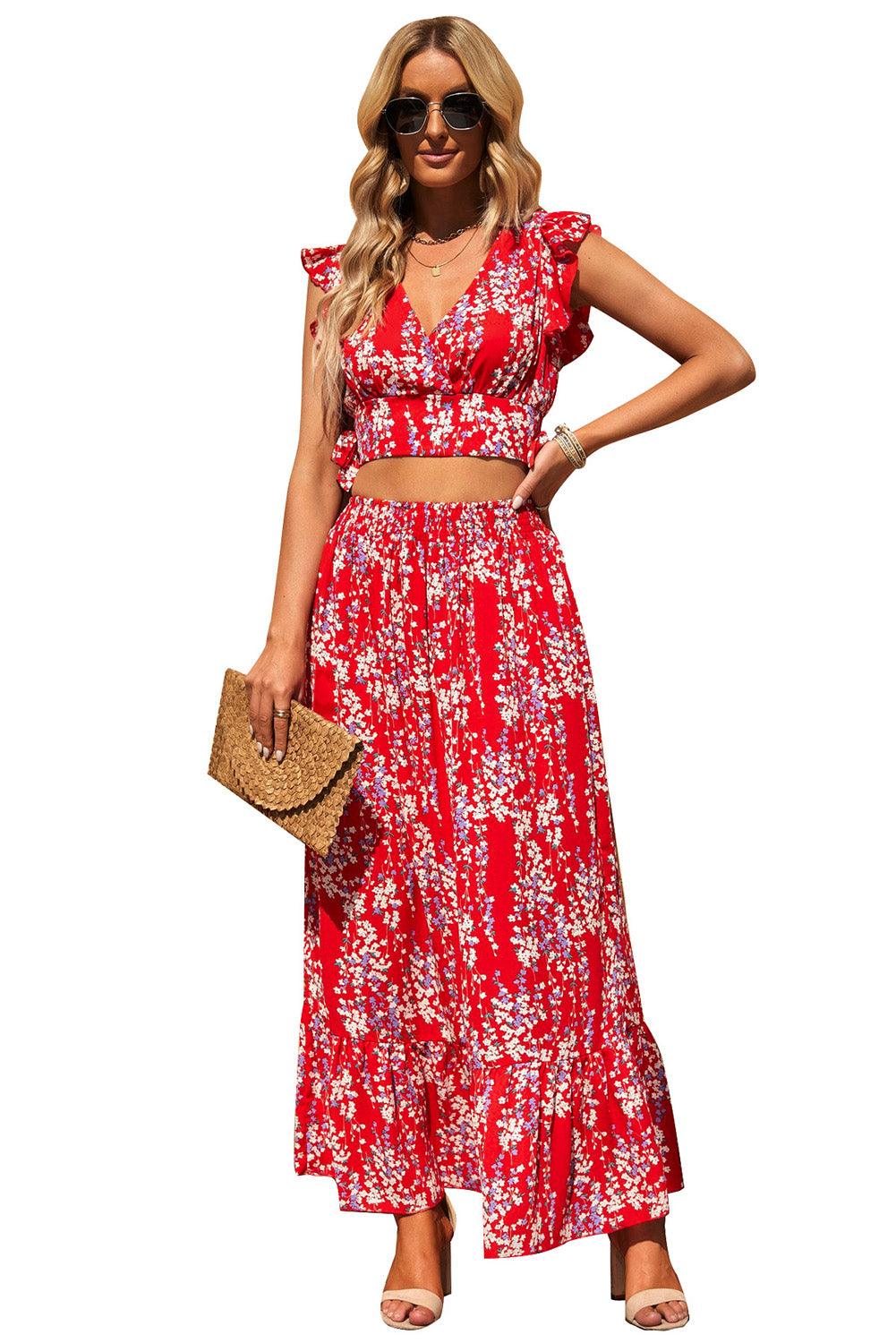 White Floral Ruffled Crop Top and Maxi Skirt Set - L & M Kee, LLC