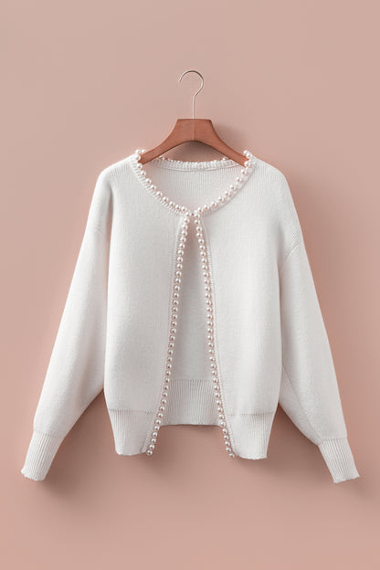 White Pearl Embellished Open Front Elegant Cardigan