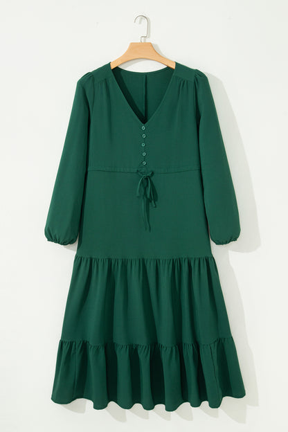 Blackish Green Solid Long Sleeve Button V Neck Tiered Maxi Dress