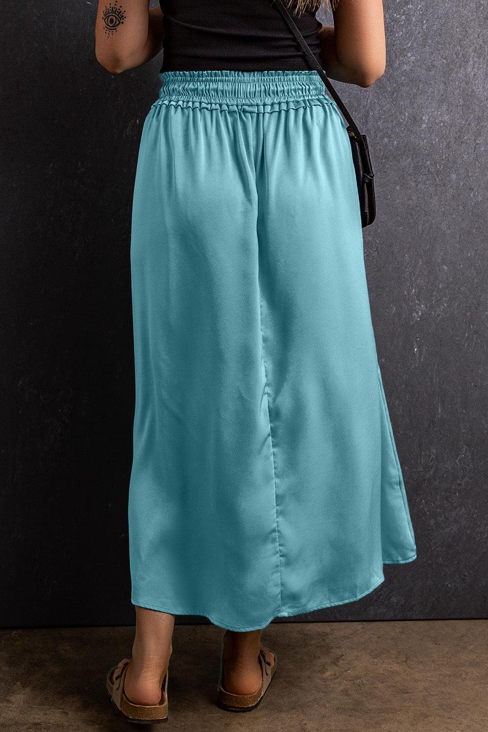 Peacock Blue Drawstring Split Side Flowy Long Skirt - L & M Kee, LLC