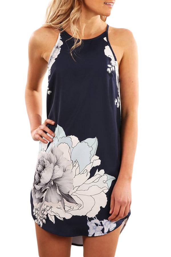 Blooming Peony Print Navy Sleeveless Dress - L & M Kee, LLC