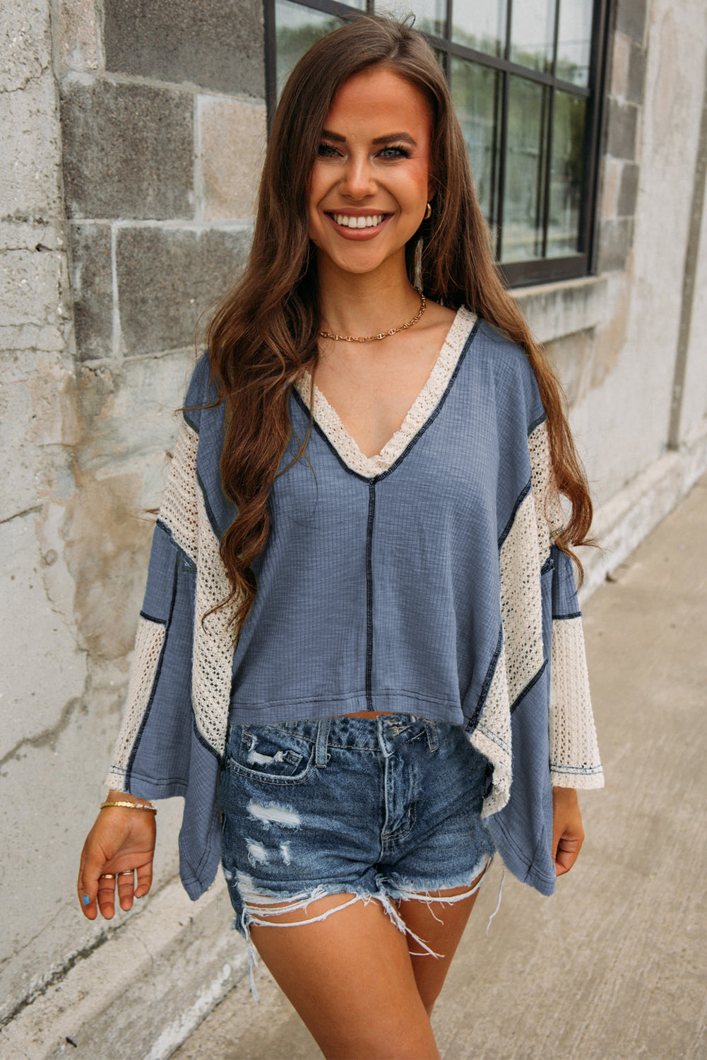 Ashleigh Blue Crochet Detail Exposed Seam High Low Loose Top