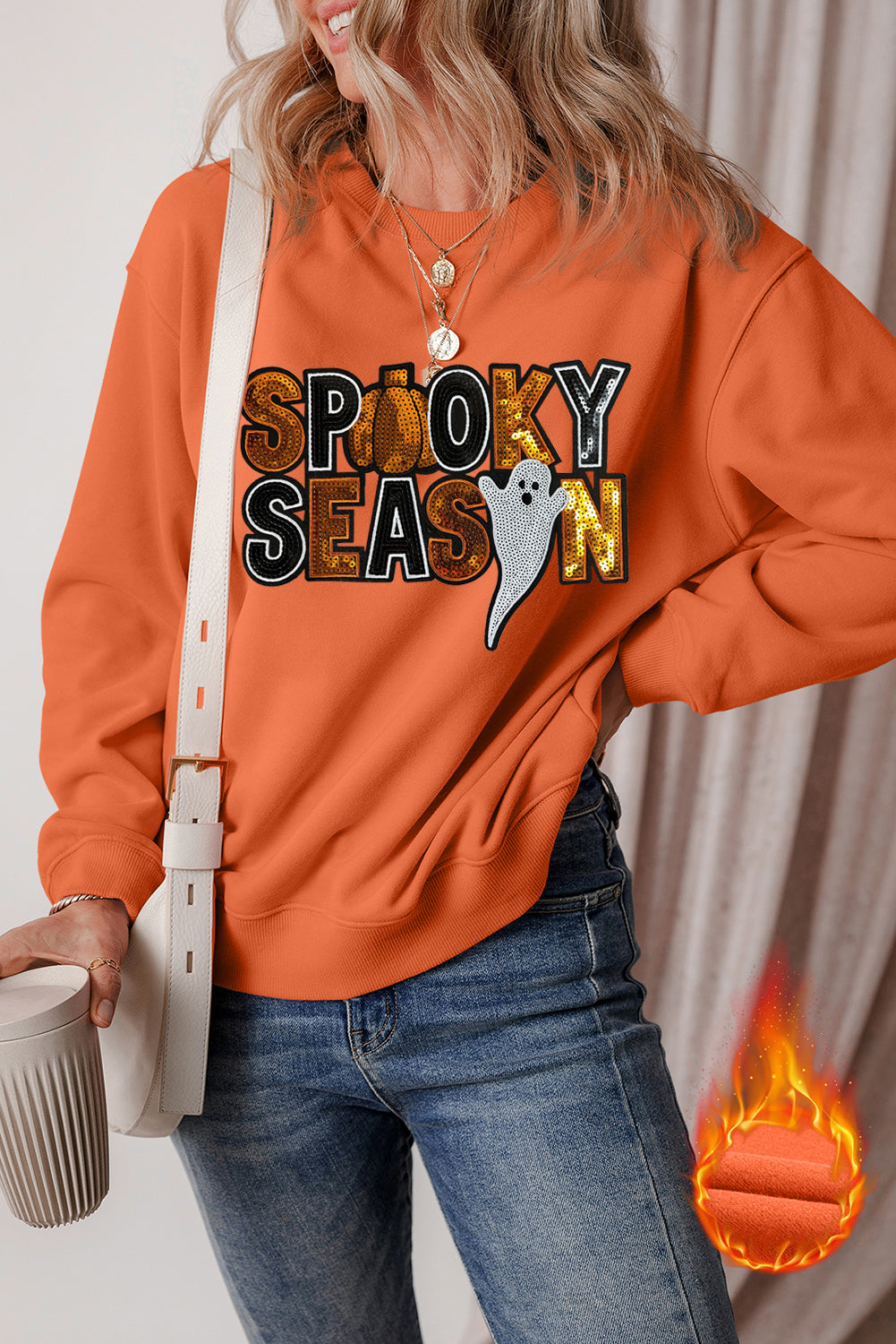 Russet Orange Sequin SPOOKY SEASON Ghost Pattern Halloween Pullover Sweatshirt