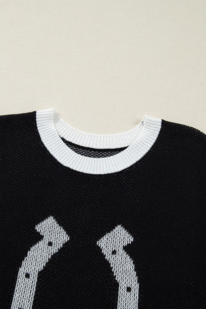 Black Horse Shoe Pattern Contrast Trim Short Sleeve Sweater