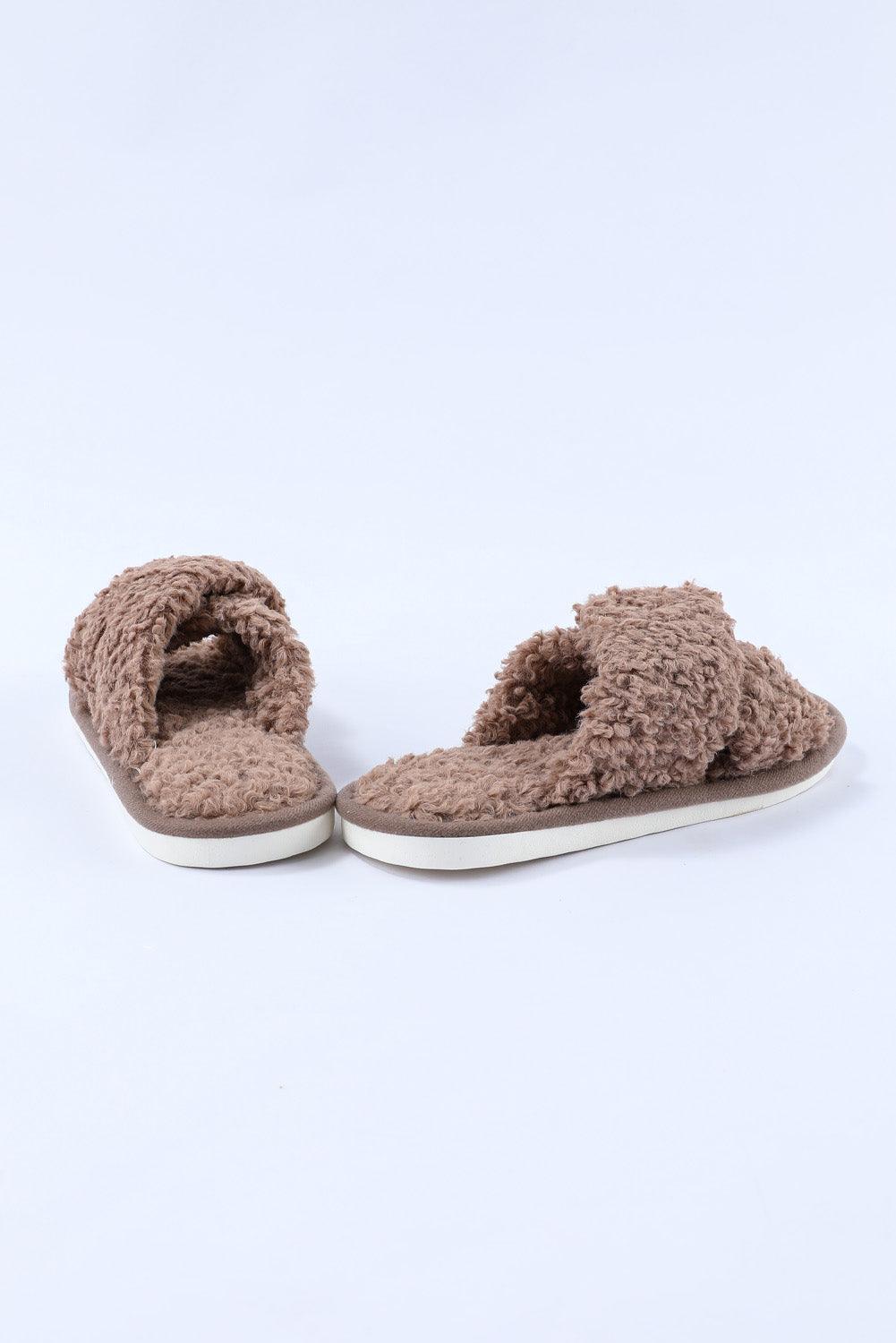 Brown Teddy Fur Cross Straps Home Slippers - L & M Kee, LLC