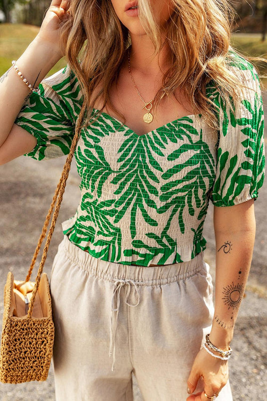 Dark Green Tropical Leaf Print Smocked Crop Top - L & M Kee, LLC