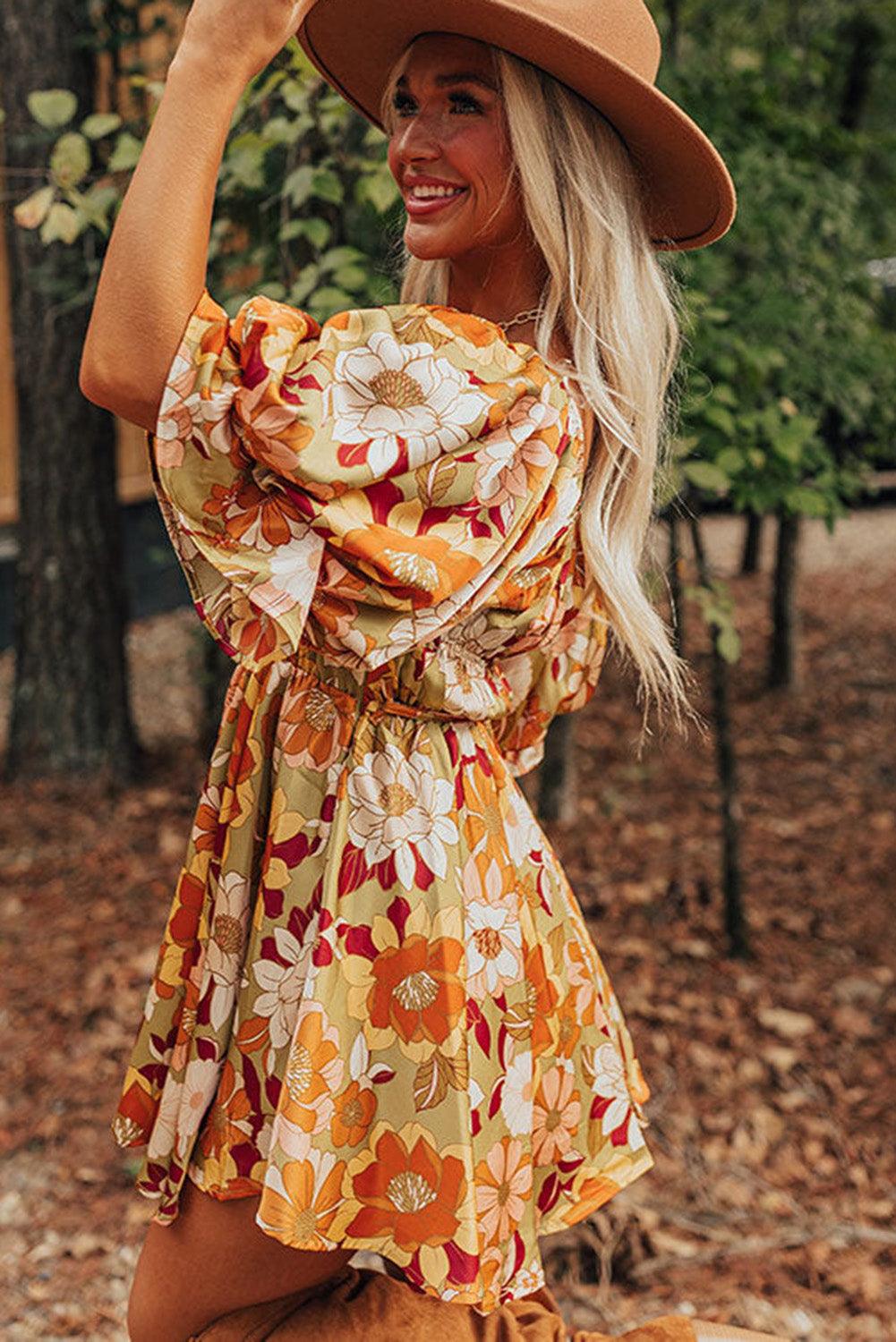 Green Ruffled Puff Short Sleeve Floral Dress - L & M Kee, LLC