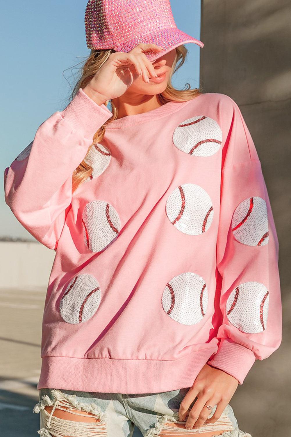 Pink Sequin Baseball Patched Pullover Sweatshirt - L & M Kee, LLC
