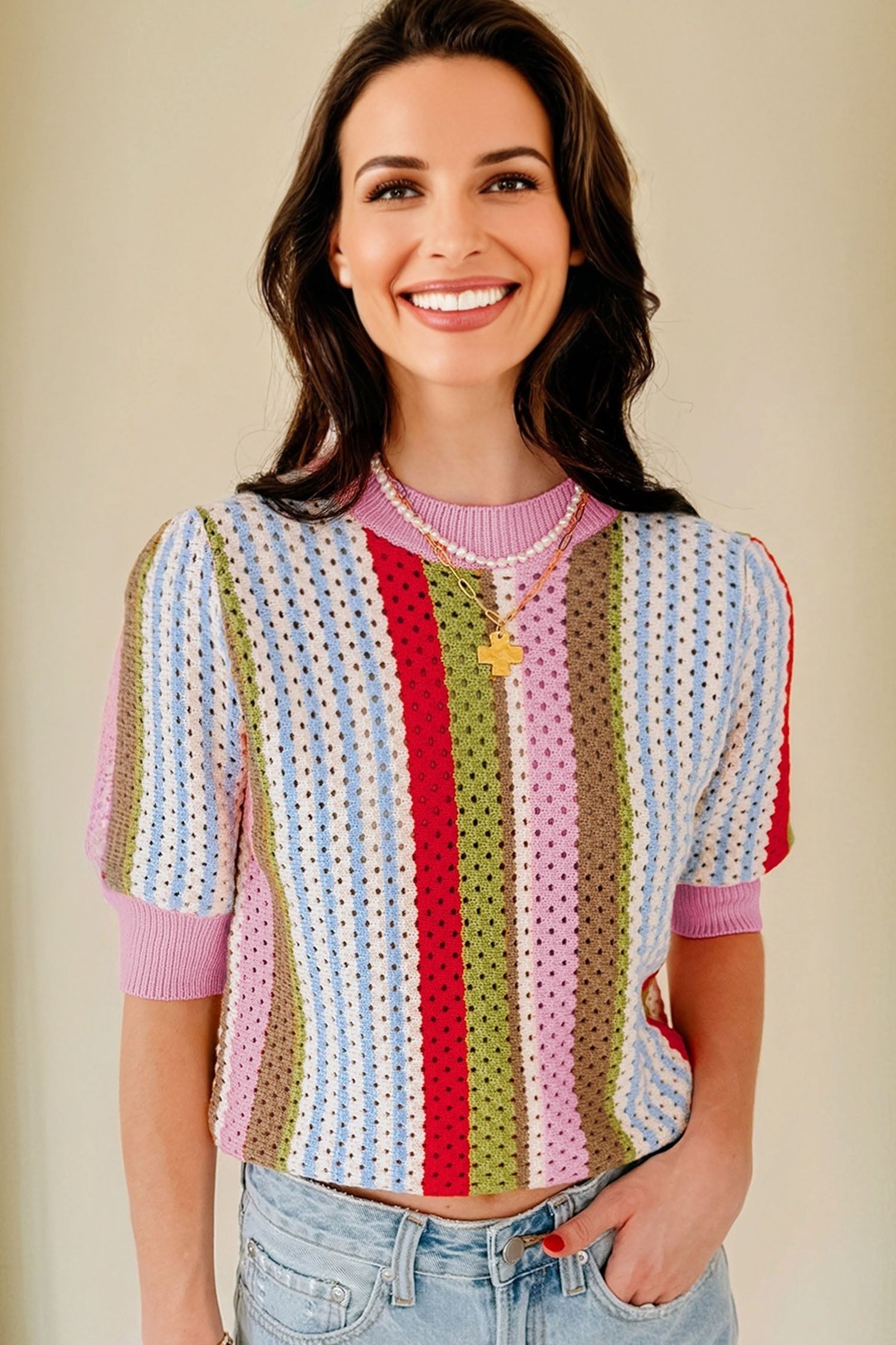 Multicolour Striped Pointelle Knit Short Sleeve Sweater