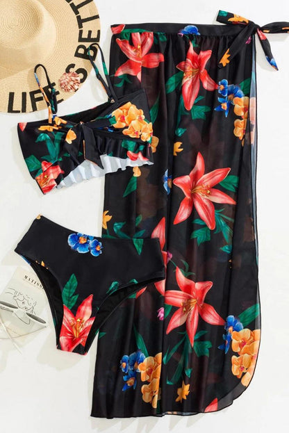 Black 3pcs Floral Twist Front Bikini with Cover-up Swimsuit - L & M Kee, LLC