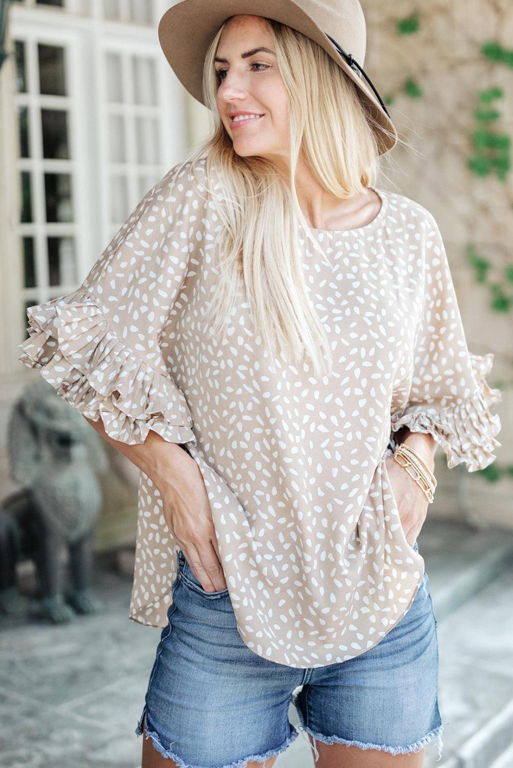 Khaki Dolman Ruffled Sleeve Loose Blouse - L & M Kee, LLC