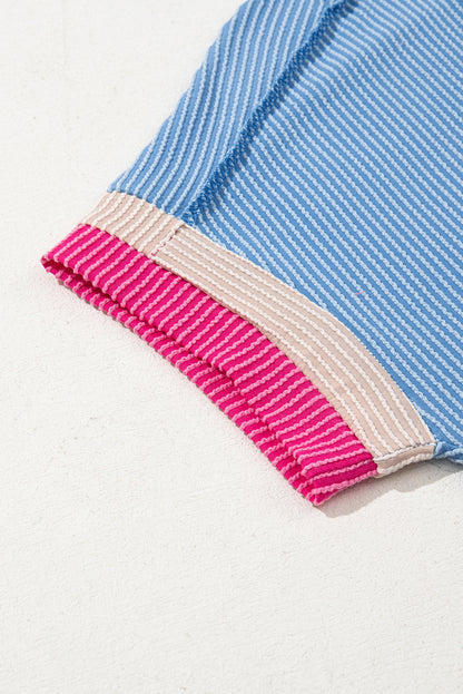 Sky Blue Textured Contrast Trim Round Neck T Shirt