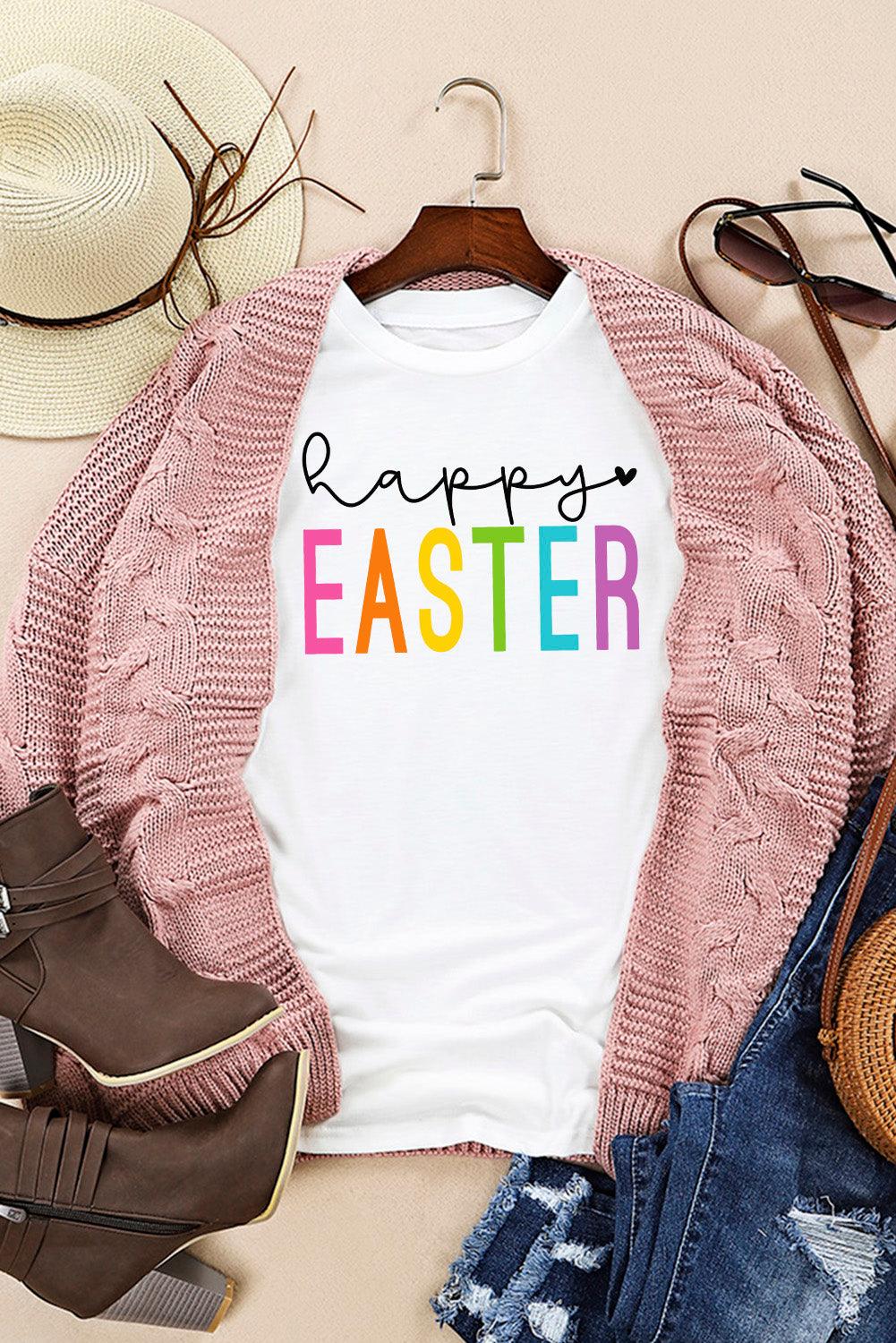 White Happy EASTER Round Neck Graphic Tee - L & M Kee, LLC