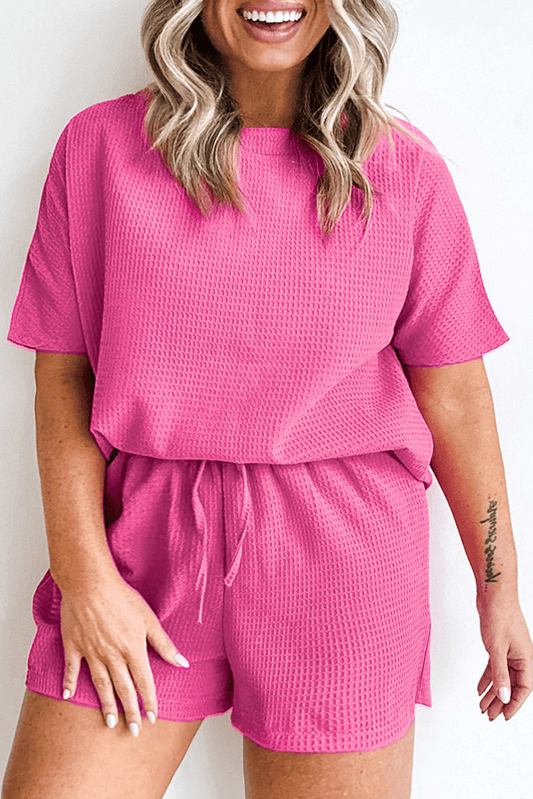 Rose Red Solid Waffle Knit Plus Size Two Piece Set - L & M Kee, LLC