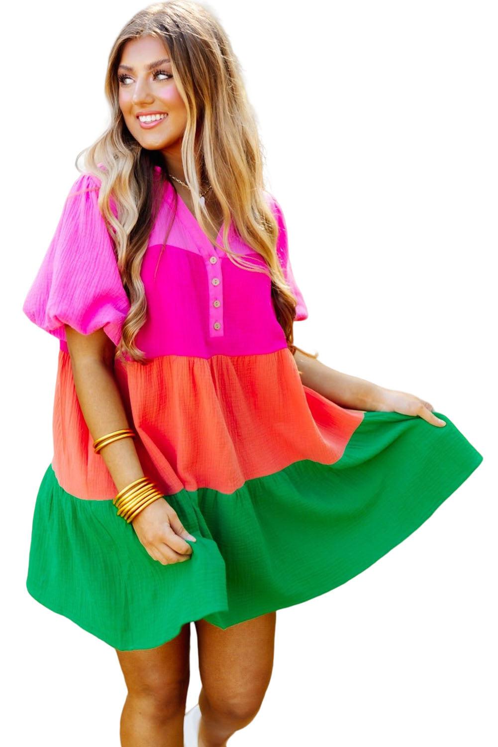 Multicolor Color Block Tiered Puff Sleeve Dress - L & M Kee, LLC