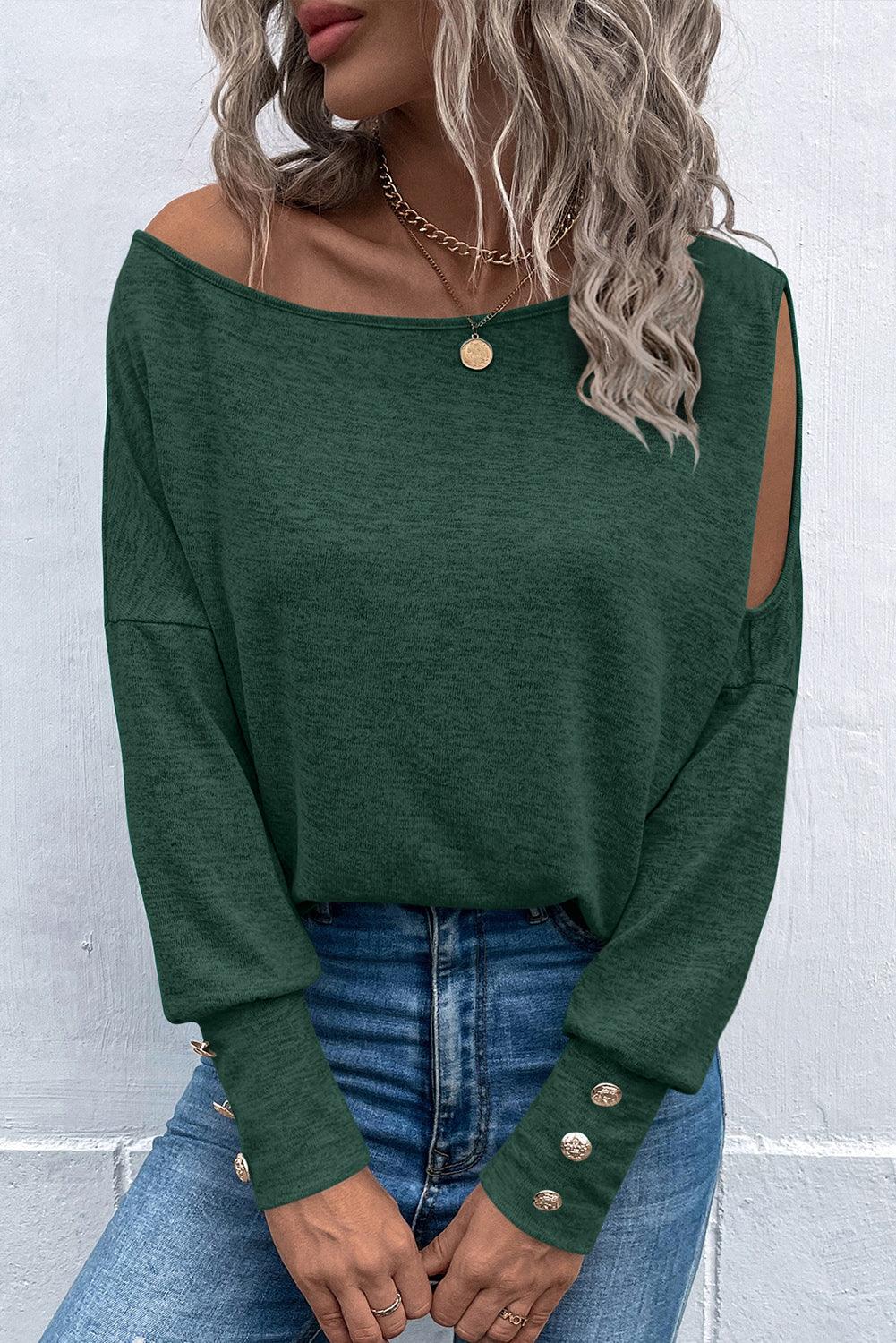 Green Asymmetrical Cut Out Buttoned Long Sleeve Top - L & M Kee, LLC