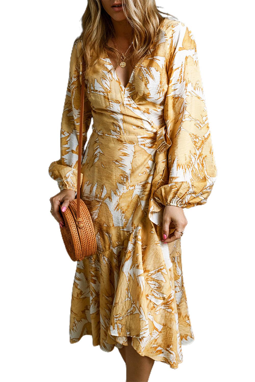 V Neck Wrap Lace up Bubble Sleeve Floral Dress - L & M Kee, LLC