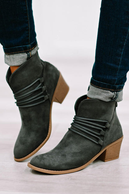 Dark Grey Criss Cross Slip-on Point Toe Heeled Boots - L & M Kee, LLC