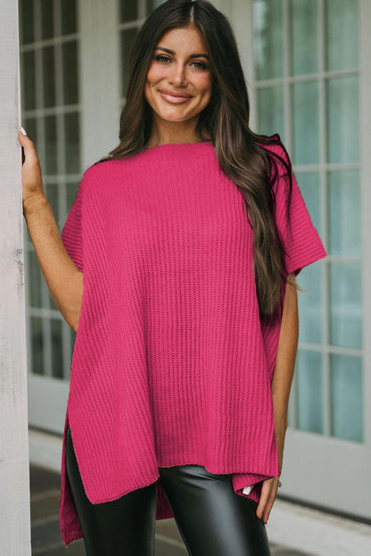 Rose Red Short Sleeve Side Slit Oversized Sweater - L & M Kee, LLC