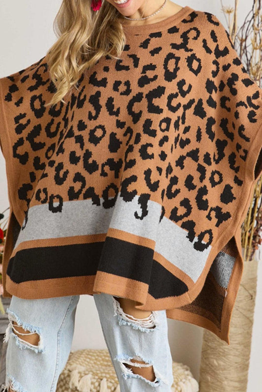 Camel Leopard Print Poncho Sweater - L & M Kee, LLC